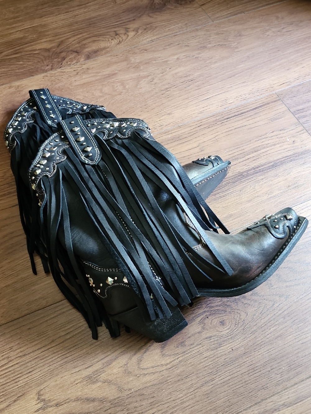 Fringe Studded Western Ankle Boots - Black/Brown with Silver Accents